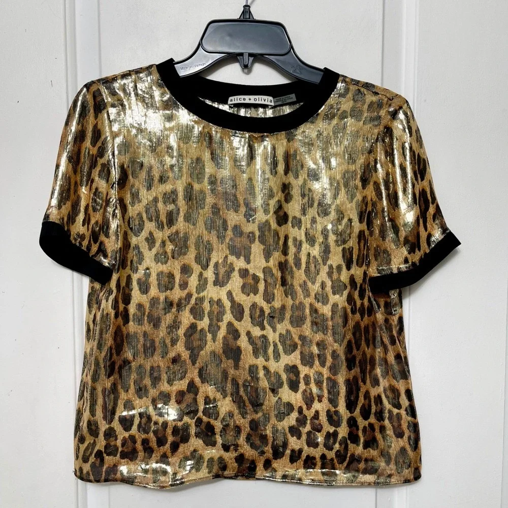 Alice + Olivia Piera Leopard Print Silk Blend Tee‎ Size XS